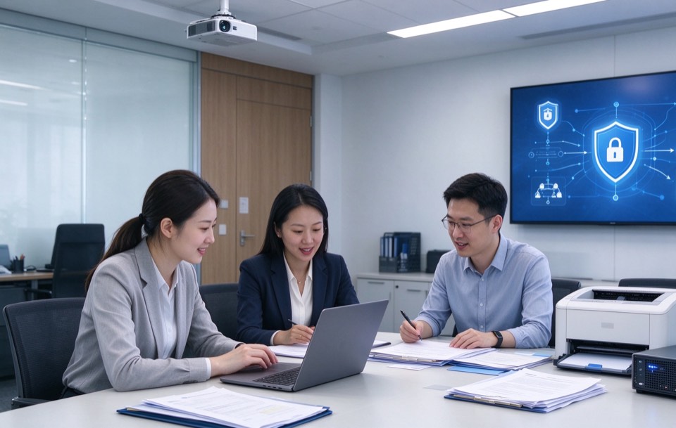 医疗器械企业的质量与合规团队在会议室逐份核对文件,屏幕上显示信息安全的盾牌图示